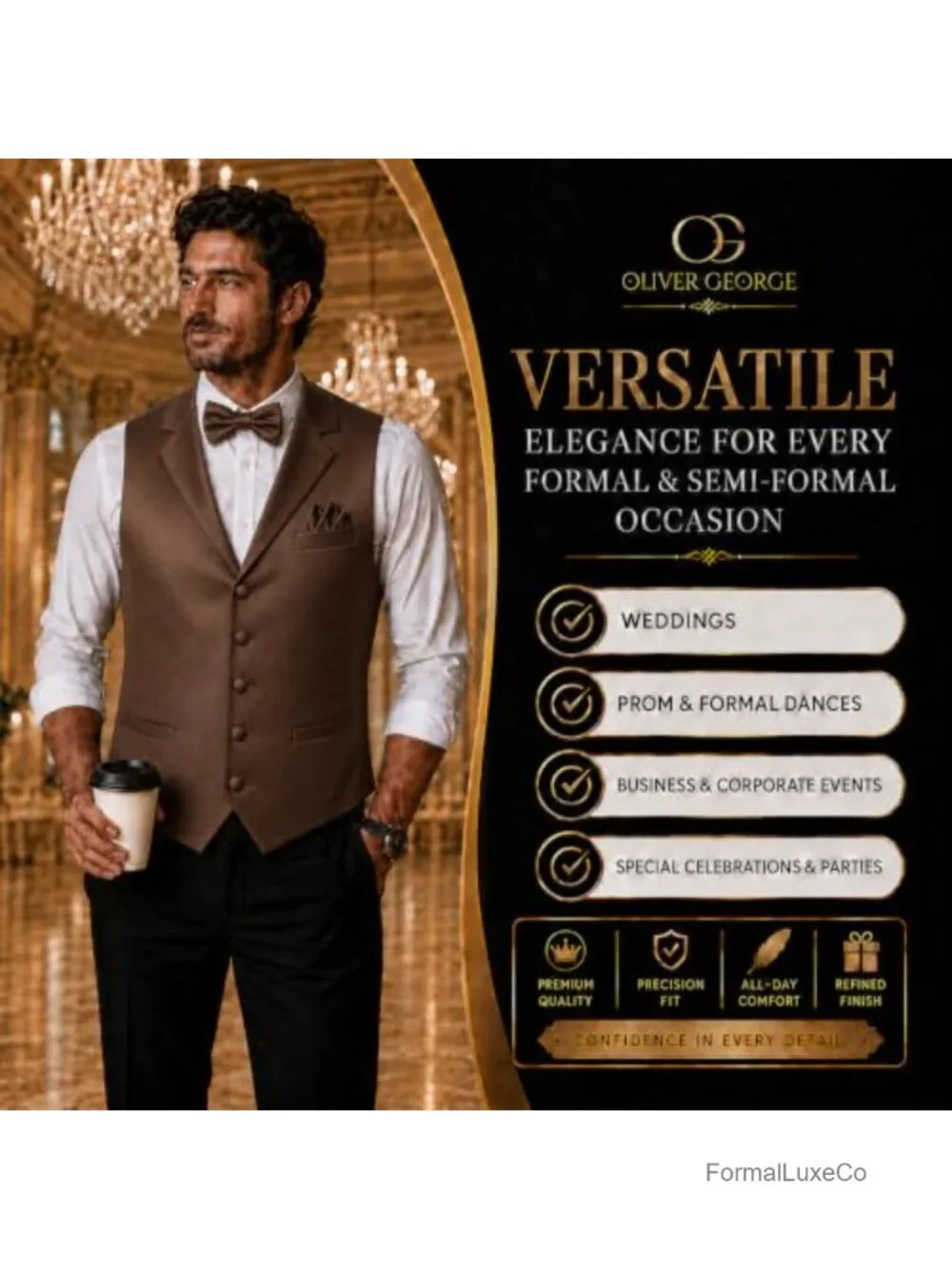 Men's 3-Piece Shawl Lapel Tuxedo Vest Set with Bow Tie & Handkerchief